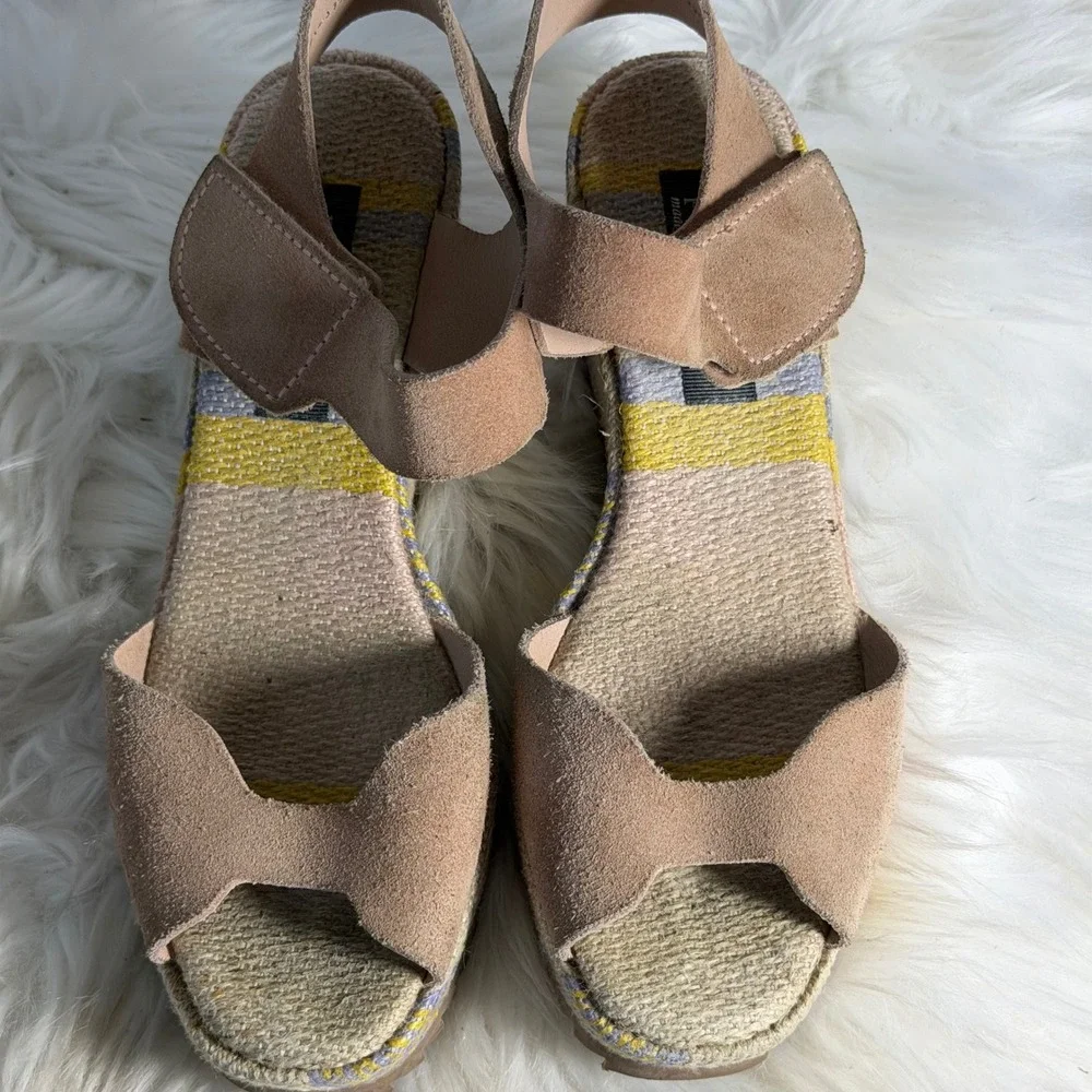 Pedro Garcia Fama Tan Suede Striped Woven Platform Wedge Sandals 3351 Size 37.5